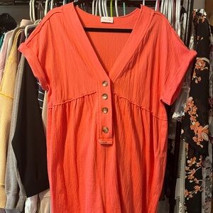 Pink Lily Pink/Orange Buttoned Short Sleeve Romper